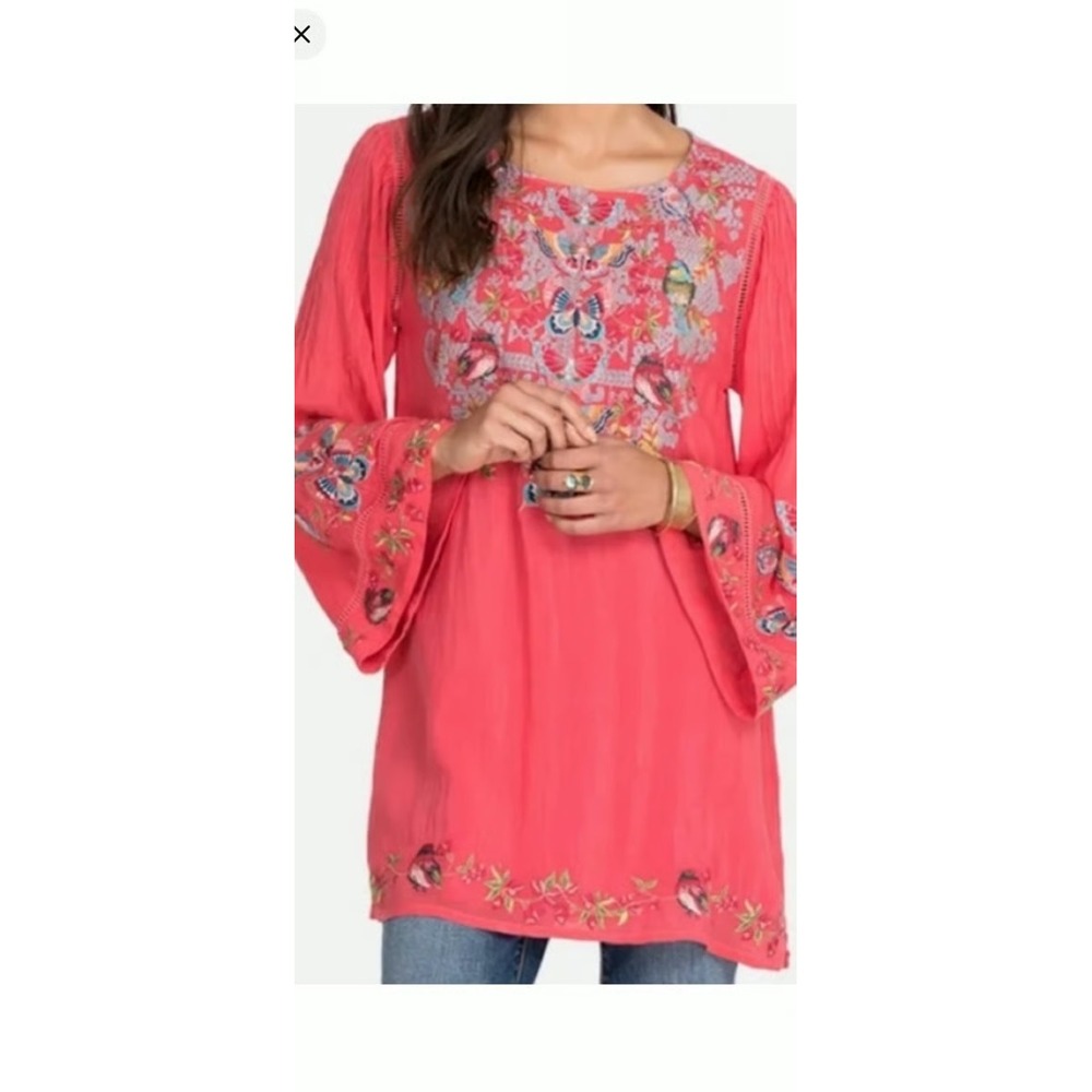 Johnny Was Farfalla Blouse XL Coral Embroidered Birds Butterflies Boho